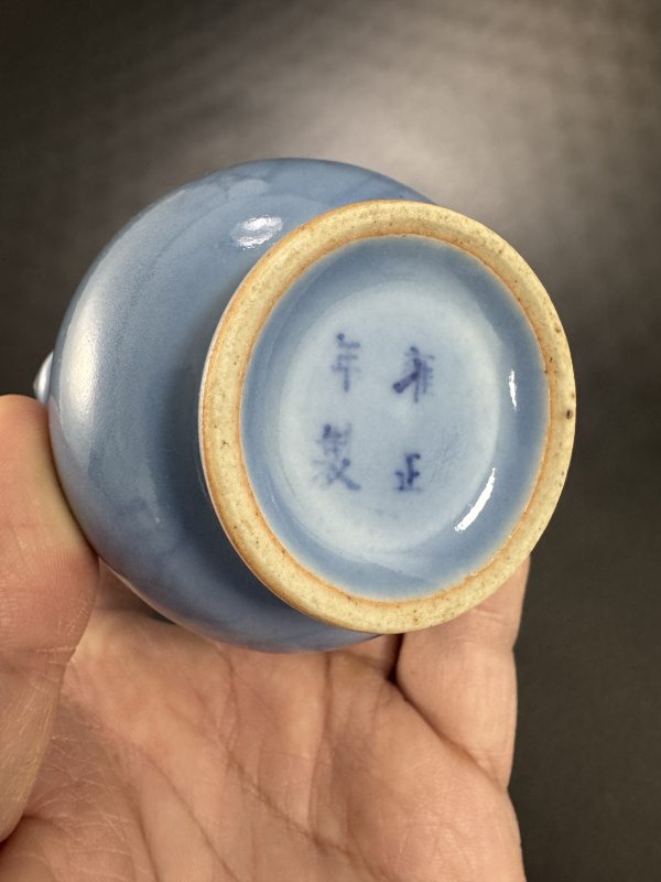 清 天蓝釉暗刻牡丹花双兽耳衔环小尊 - 图10