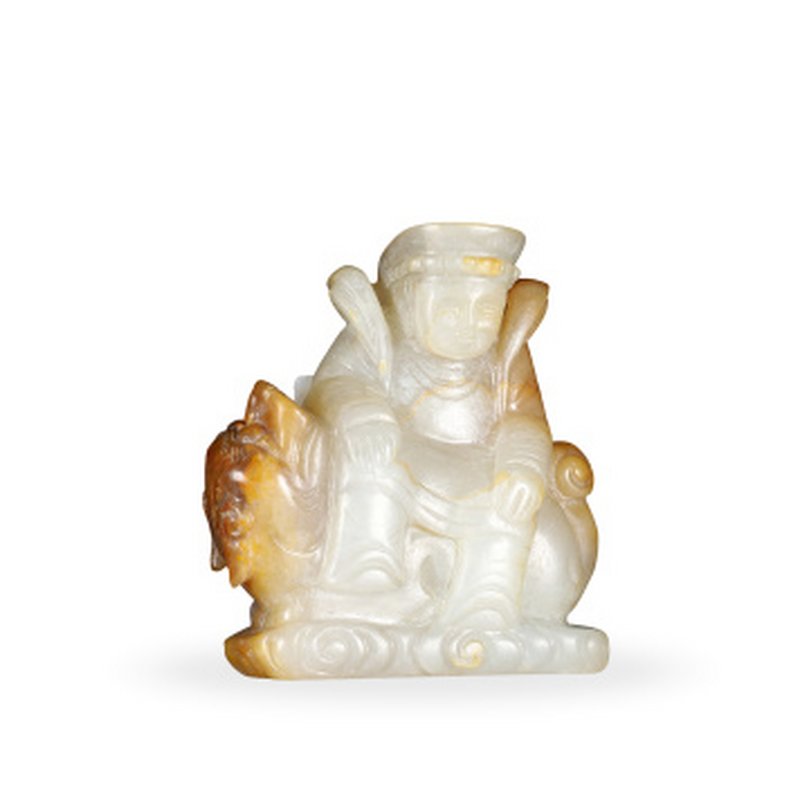 明 白玉雕骑狮法师坐像