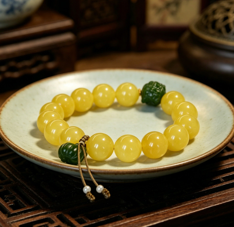 10-10.5mm蜜蜡圆珠碧玉组手串