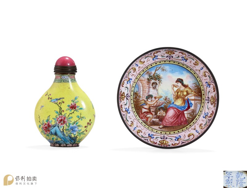 清乾隆 铜胎画珐琅洞石花鸟烟壶及西洋仕女烟碟 - 图2