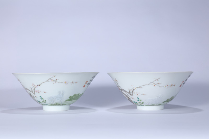 清道光 粉彩三羊开泰墨彩御题诗碗一对 - 图6