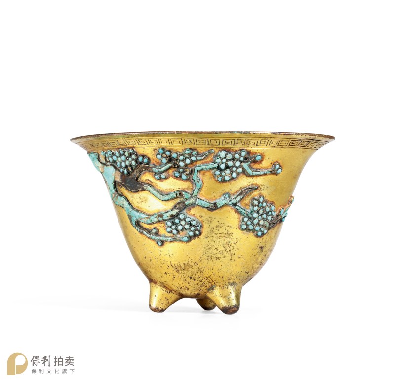 清康熙 铜鎏金嵌松石刻诗文乳足梅花杯 - 图2