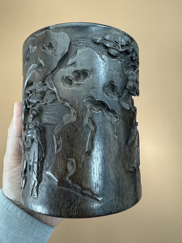 清 紫檀雕高士观景图笔筒 - 图10