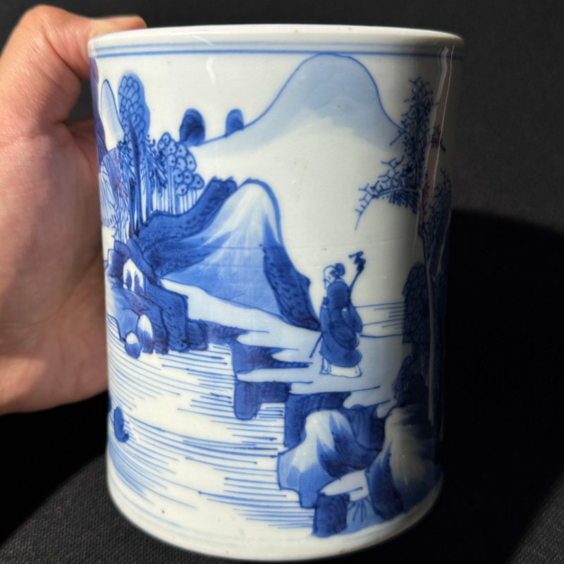 清康熙 青花高士访友图笔筒 - 图4