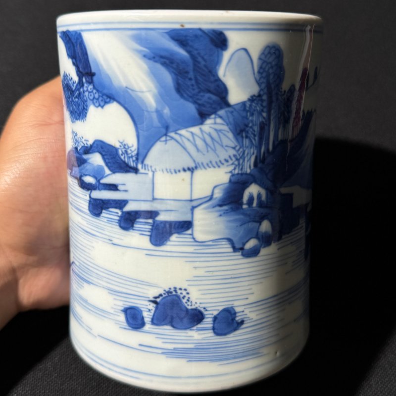 清康熙 青花高士访友图笔筒 - 图5