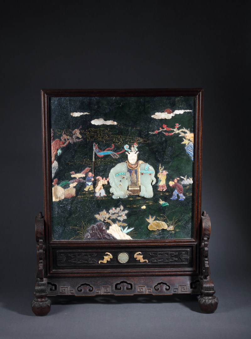 清 硬木描金山水百宝嵌太平有象图插屏 - 图3