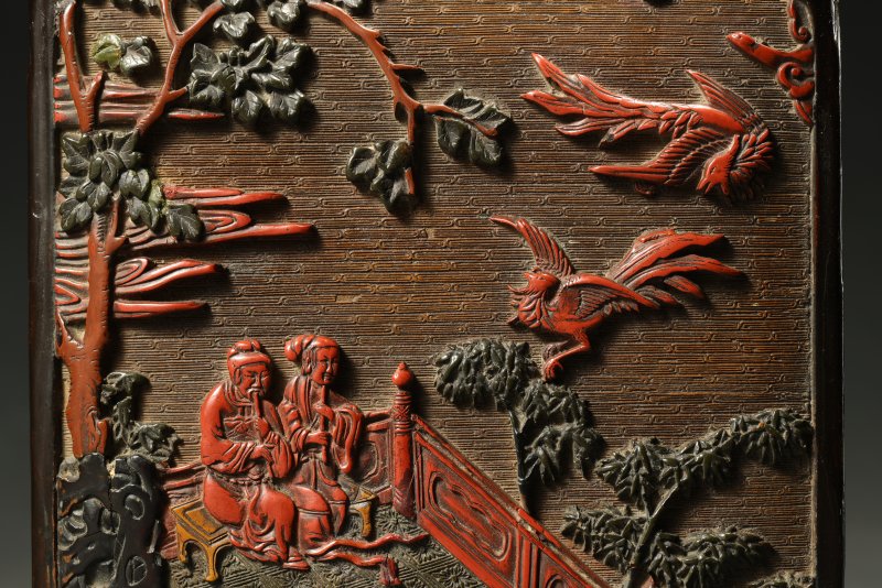 明嘉靖 剔彩庭院人物花鸟荔枝纹四方重盒 - 图13