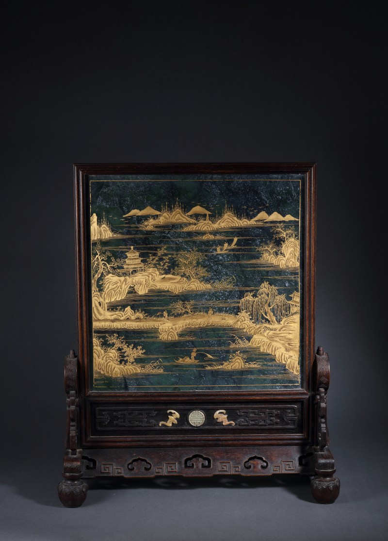 清 硬木描金山水百宝嵌太平有象图插屏 - 图4