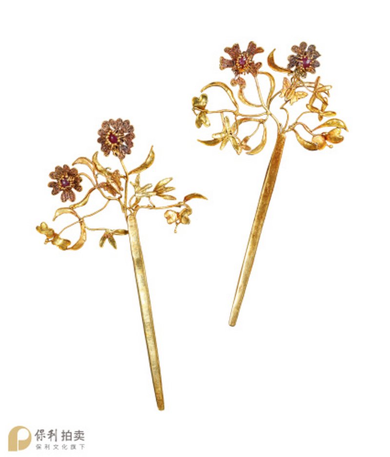 明 金嵌宝石花卉发簪一对