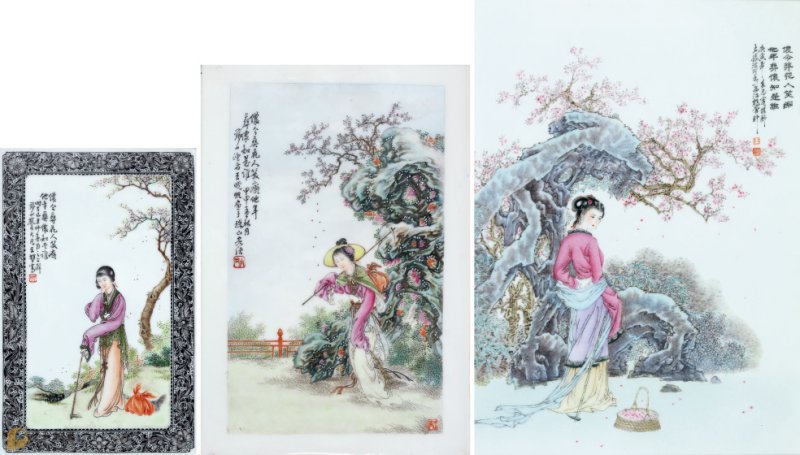 王大凡、王晓帆、王怀治三代大师绘“黛玉葬花”人物故事图瓷板三幅