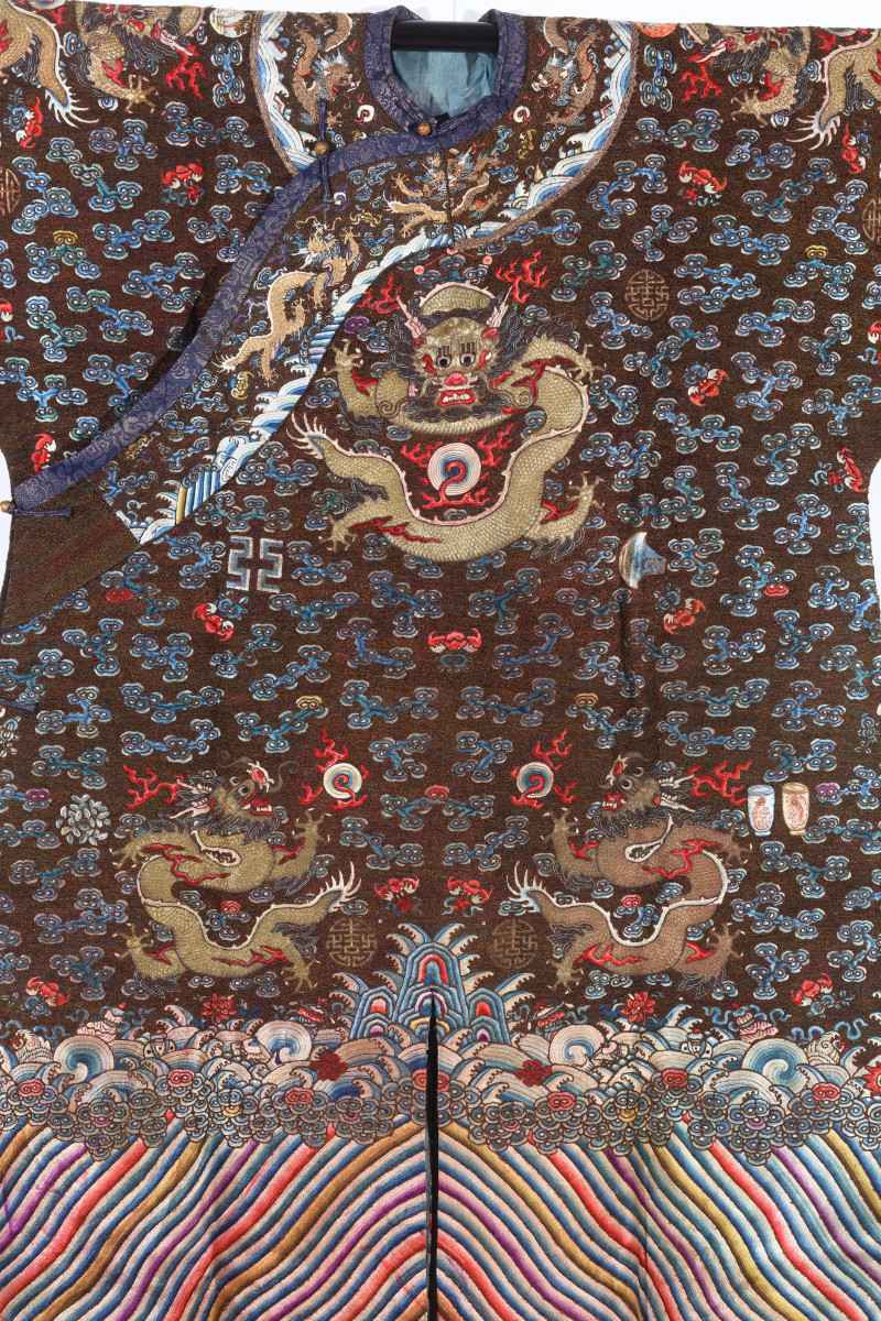 清中晚期 孔雀毛地盘金五彩十二章龙袍 - 图10
