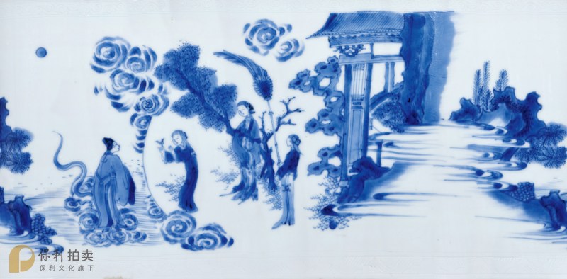 明崇祯 青花“明皇夜游广寒宫”人物故事图笔筒 - 图3