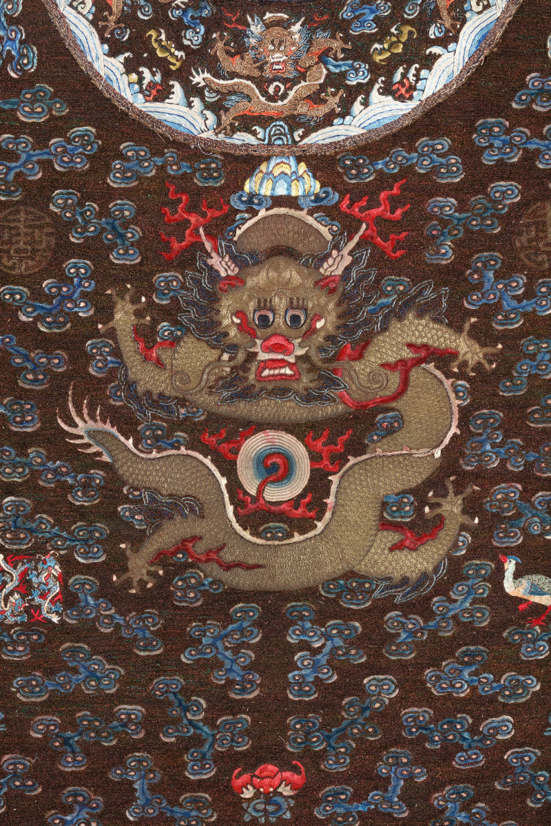 清中晚期 孔雀毛地盘金五彩十二章龙袍 - 图8
