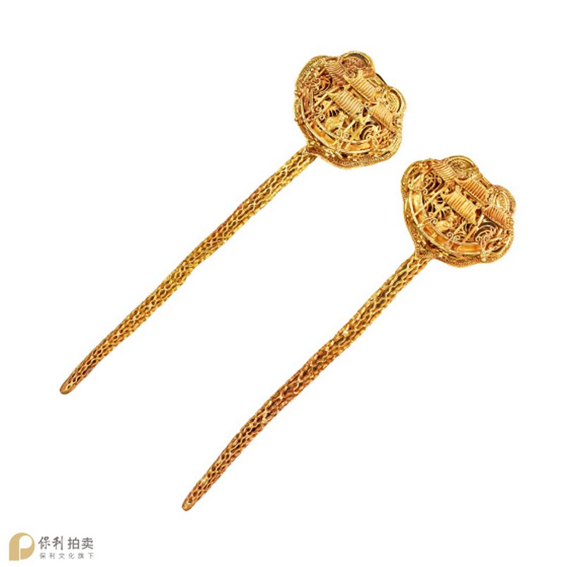 明 金楼阁人物镂空发簪一对