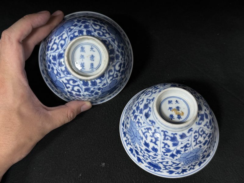 清康熙 青花木槿花茶钟一对 - 图3