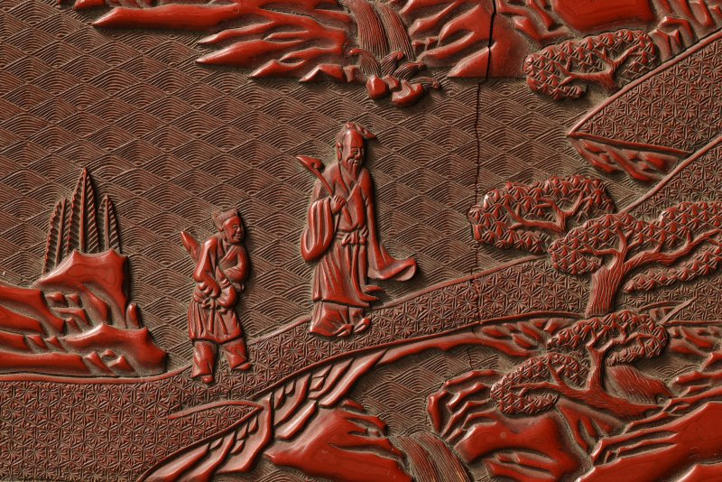 明中期 剔红携琴访友长方文盒 - 图8
