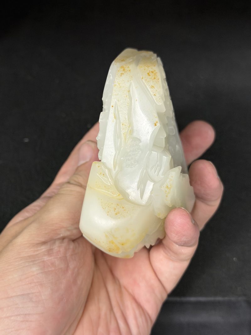 清中期 白玉留皮雕高仕谢琴访友图山子 - 图6