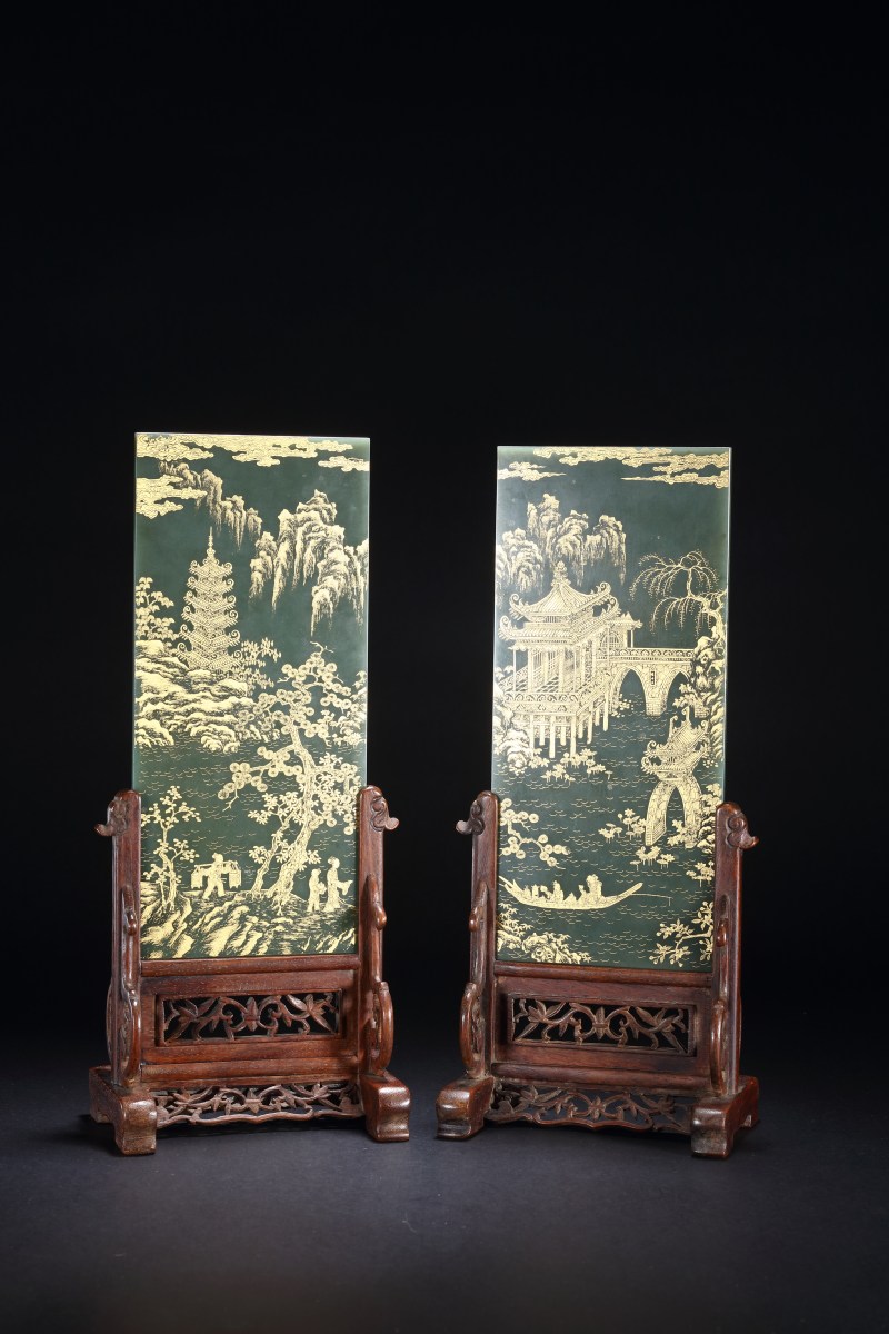 清乾隆 碧玉浅刻填金御题诗插屏一对 - 图11