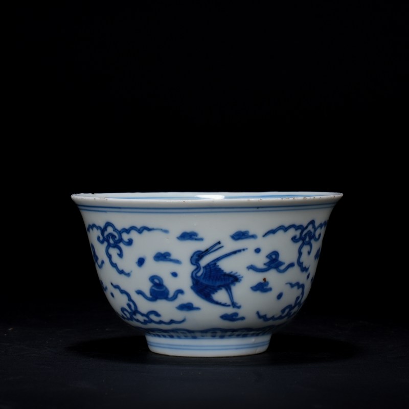 明晚期 青花云鹤纹茶圆