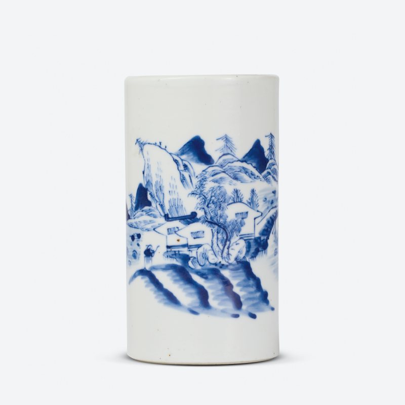 清中期 青花山水图笔筒