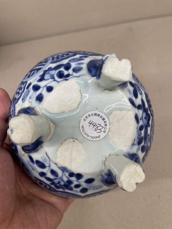 清康熙 青花诗文人物图花口三足洗 - 图9