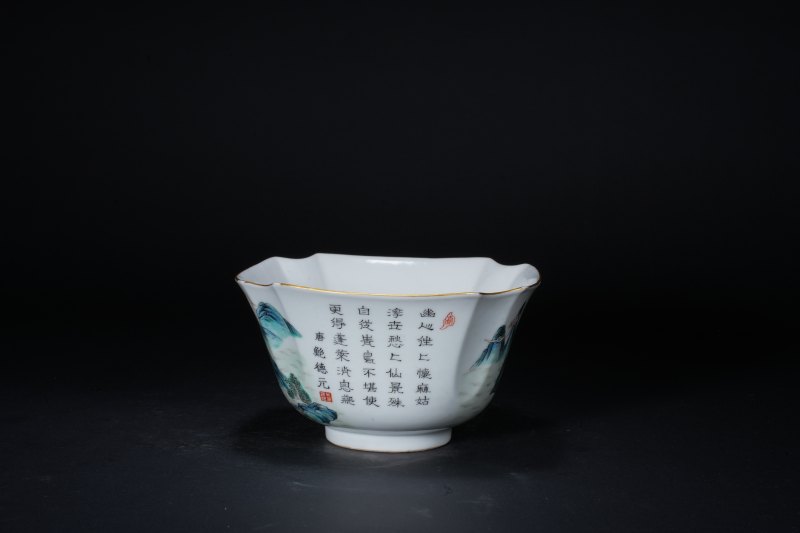 清中期 粉彩江西十景山水诗文八方碗 - 图2