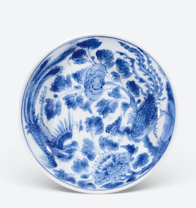 清康熙 青花凤穿牡丹纹盘