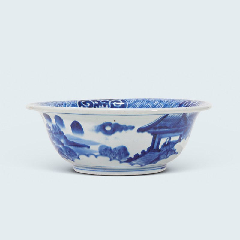 清 青花人物诗文大碗