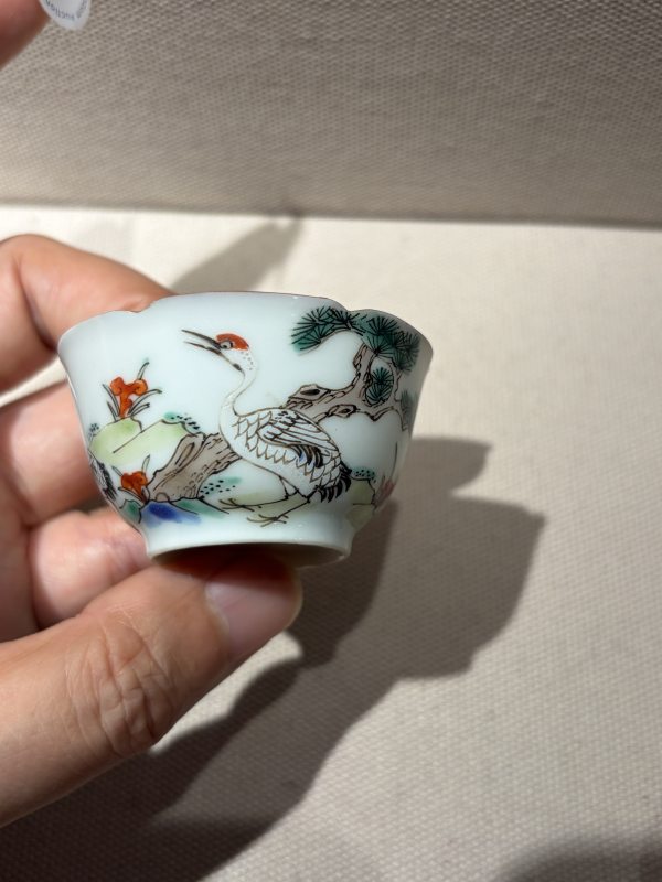 清雍正 粉彩松鹤延年杯、碟一套 - 图3