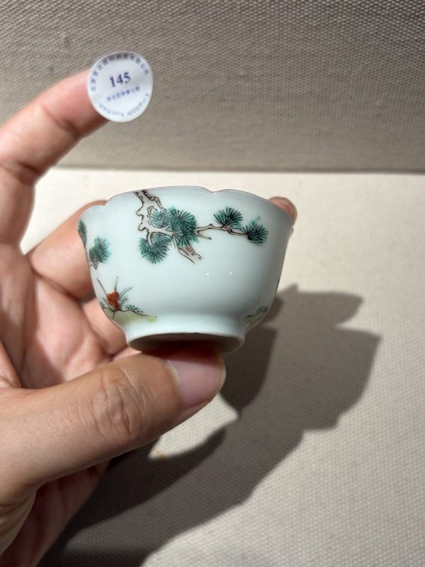 清雍正 粉彩松鹤延年杯、碟一套 - 图4