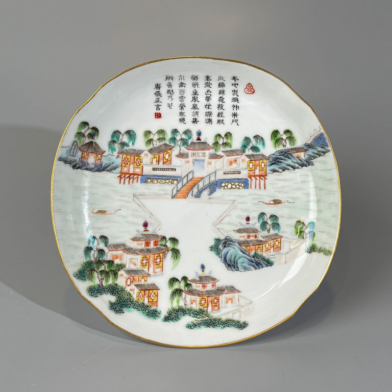 清道光 粉彩江西十景纹盘