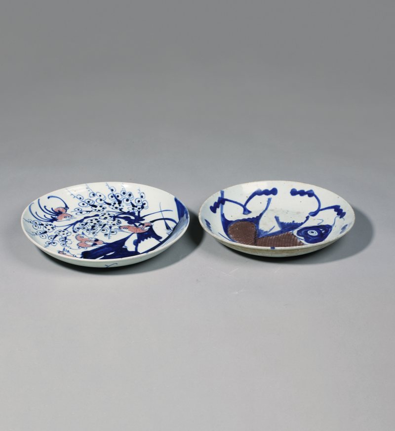清中期 青花釉里红鱼纹、花鸟盘