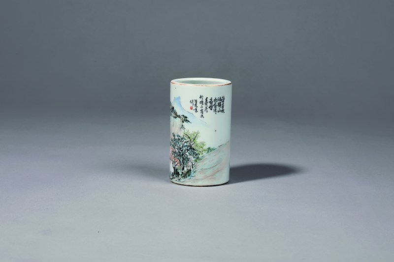 清 浅绛彩山水笔筒