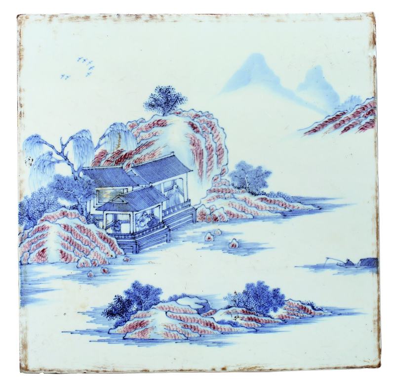 清中期 青花釉里红山水人物瓷板