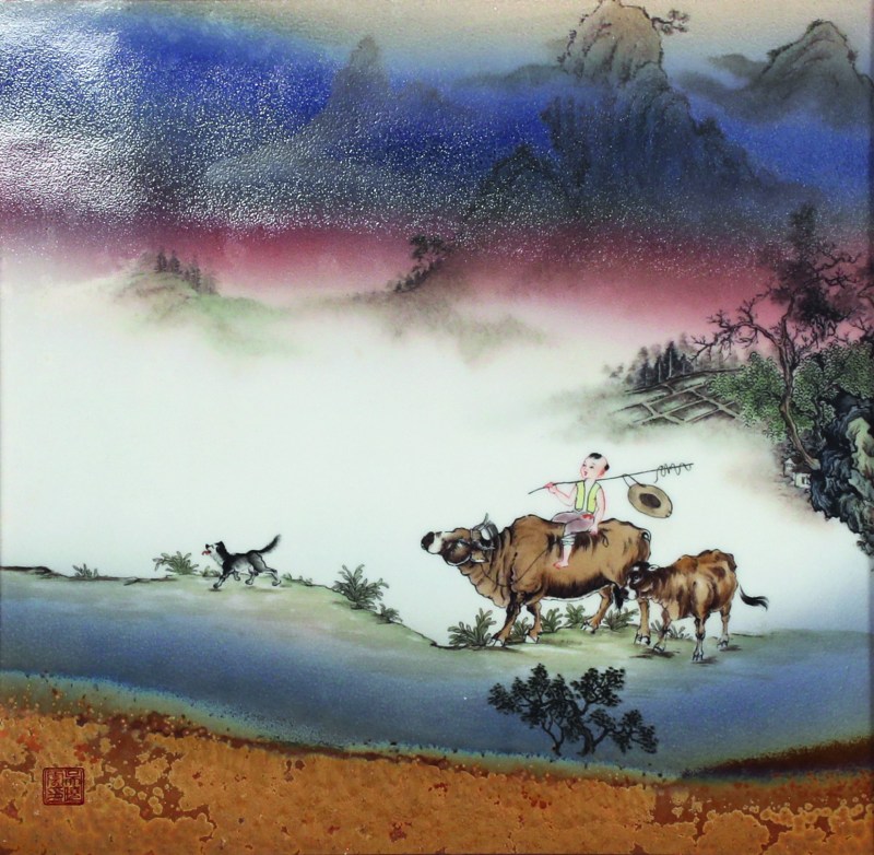 吴晓云 粉彩“牧童”瓷板画