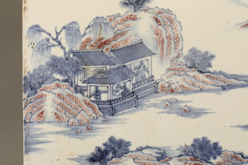 清中期 青花釉里红山水人物瓷板 - 图3