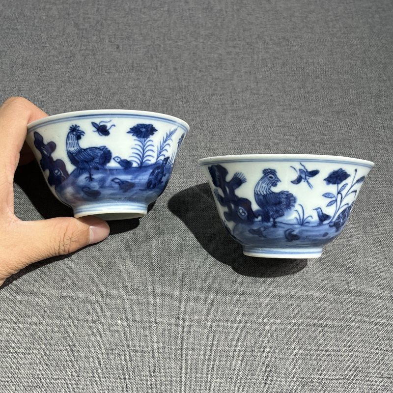 清中期青花诗文茶圆一对 - 图4