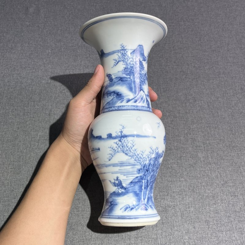 清康熙青花山水风景凤尾尊 - 图4
