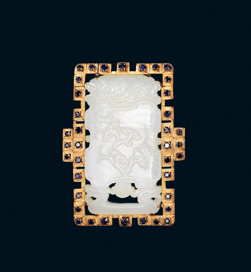 清 金镶白玉雕灵芝提携