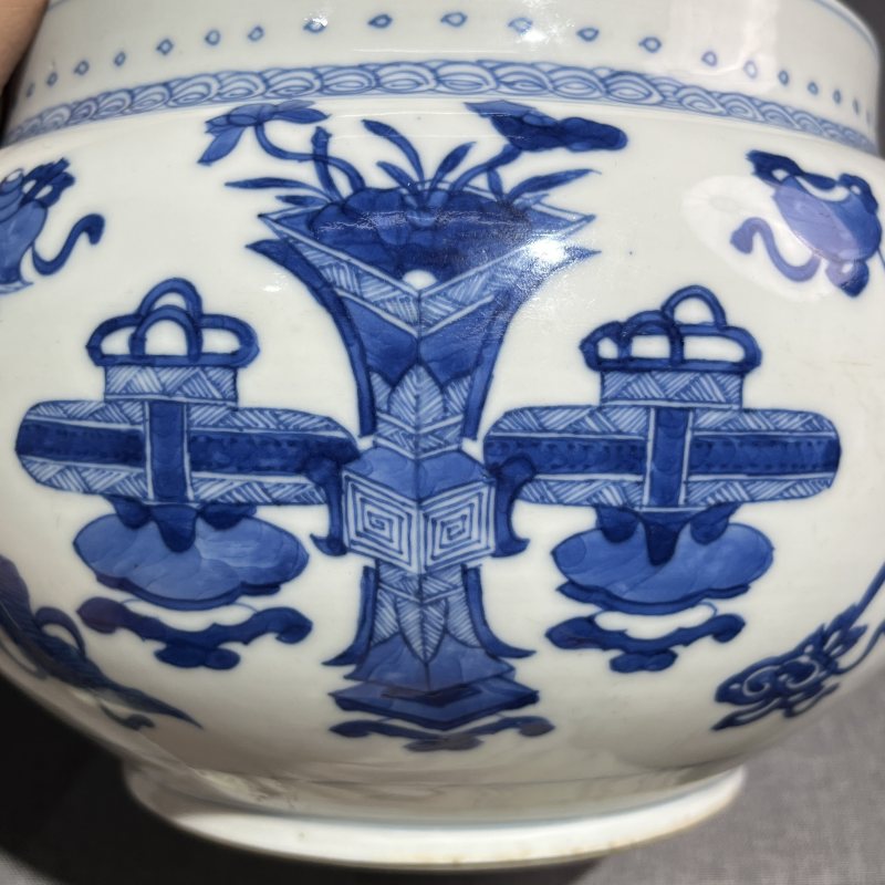 清康熙青花博古纹粥罐 - 图6