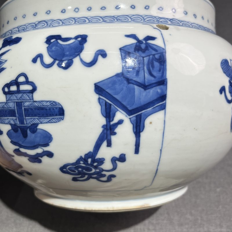 清康熙青花博古纹粥罐 - 图7