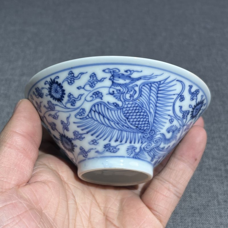 清雍正青花淡描凤纹斗笠盏 - 图4