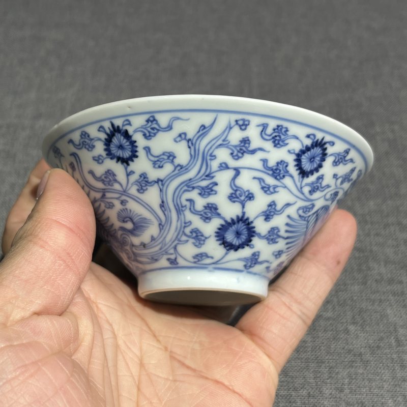 清雍正青花淡描凤纹斗笠盏 - 图5