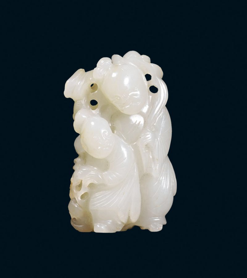 清 白玉双童子挂件