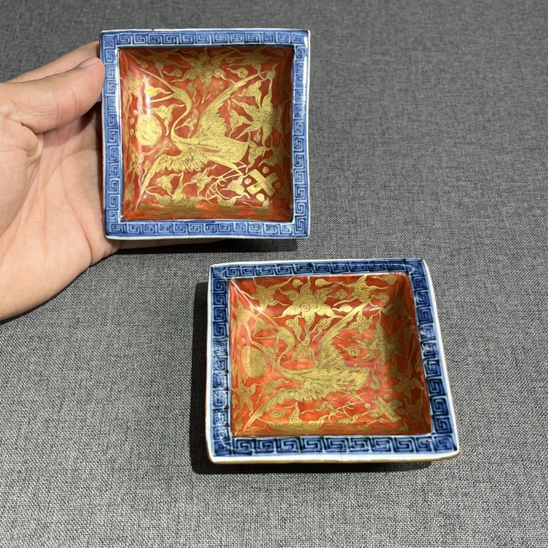 明晚期矾红描金仙鹤纹四方洗一对 - 图4