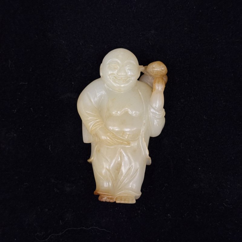 清 白玉留皮雕刘海戏金蟾摆件 - 图2