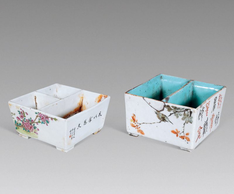 清 粉彩花卉纹画隔碟 浅绛花鸟纹画隔碟两件