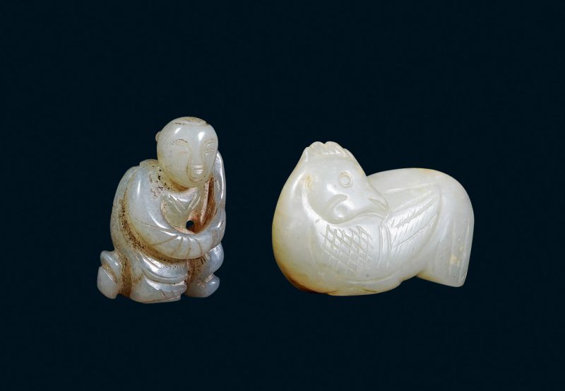 清 白玉童子 白玉鸡两件