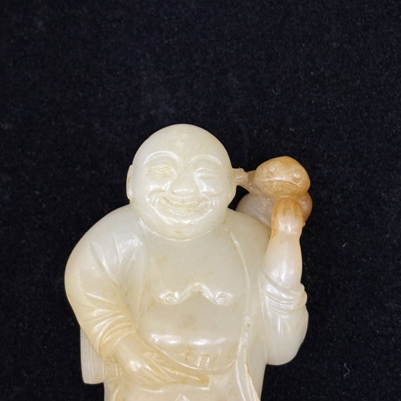 清 白玉留皮雕刘海戏金蟾摆件 - 图8