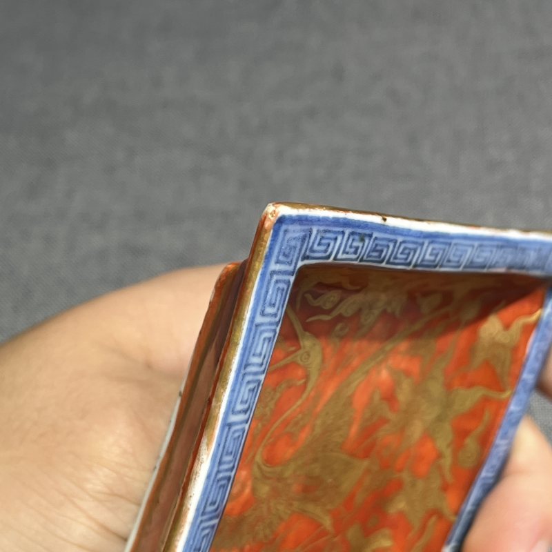 明晚期矾红描金仙鹤纹四方洗一对 - 图11